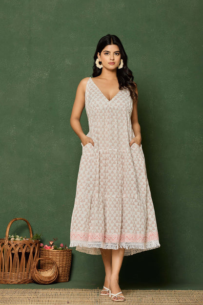 Sleeveless V-Neck Cotton Midi Dress – Hand Block Printed Dress with Lace Hem in Blush Tones