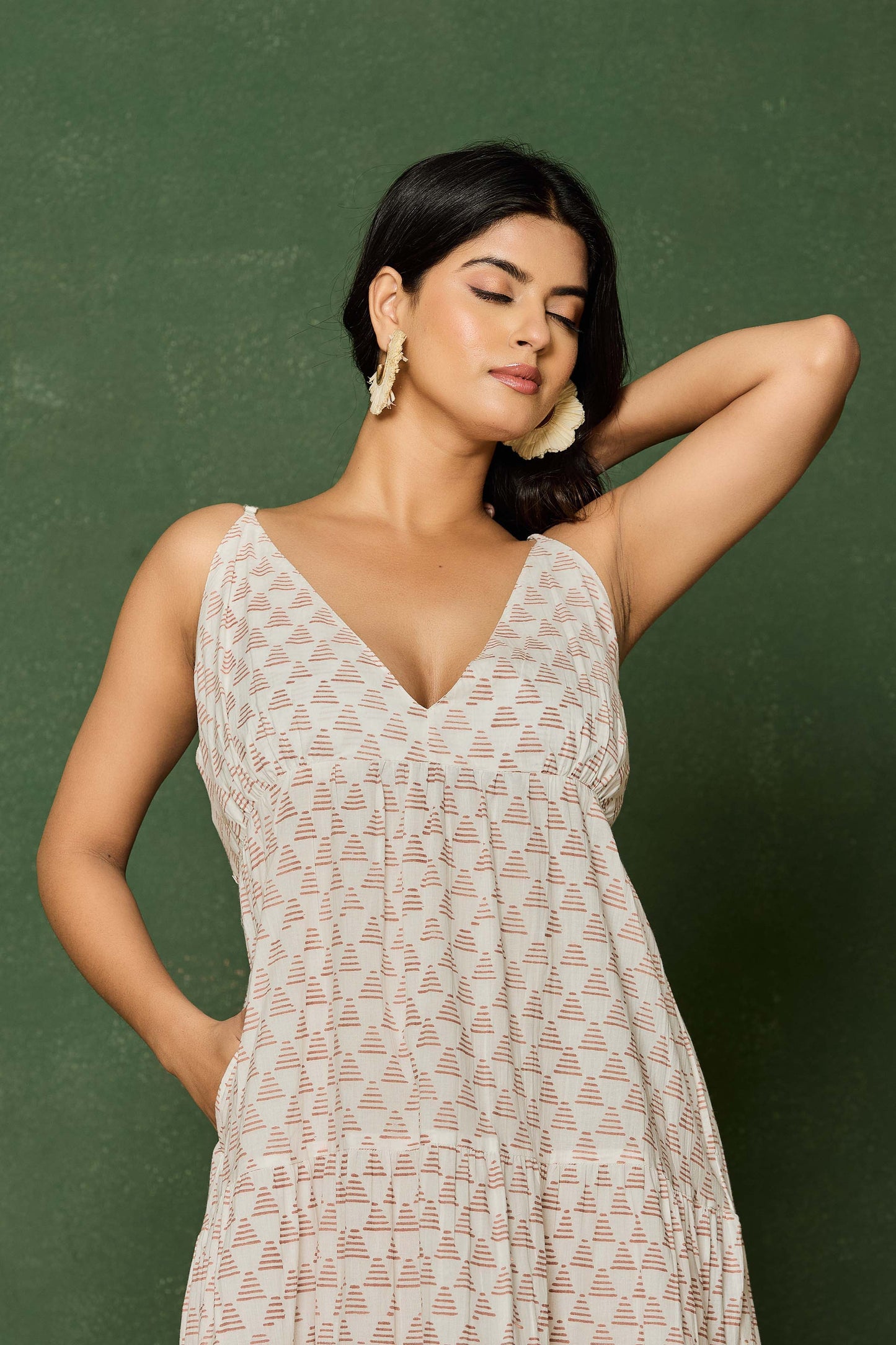 Sleeveless V-Neck Cotton Midi Dress – Hand Block Printed Dress with Lace Hem in Blush Tones