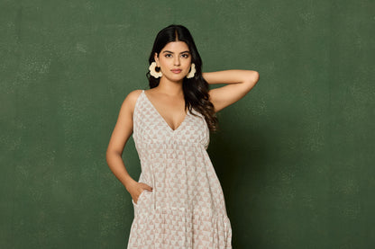 Sleeveless V-Neck Cotton Midi Dress – Hand Block Printed Dress with Lace Hem in Blush Tones