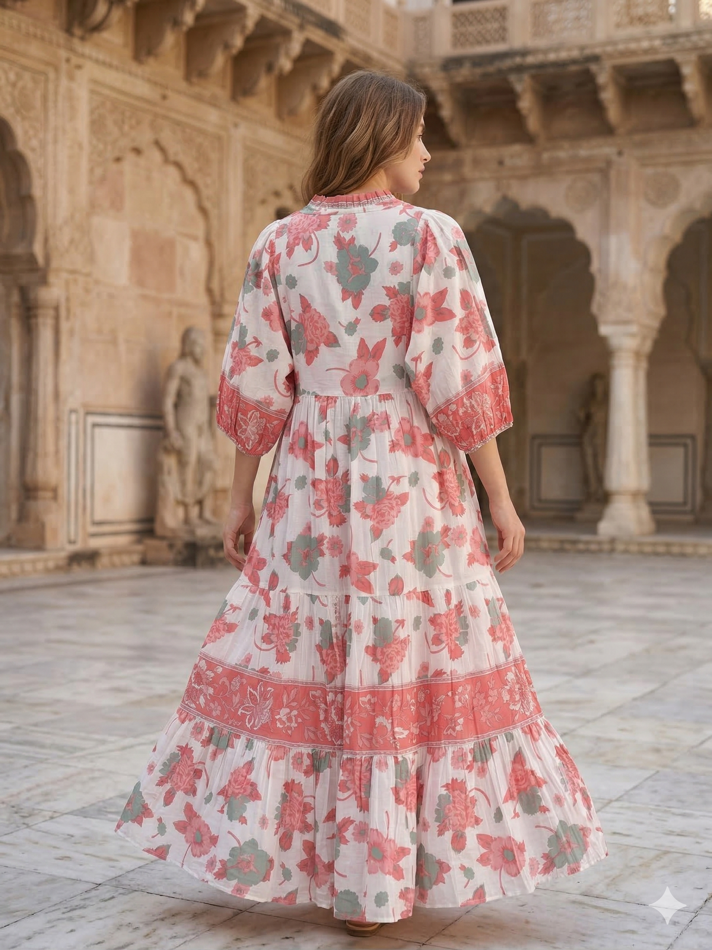 Peach Sage Floral Hand Screen Print Cotton Maxi Dress – Boho Tiered Style