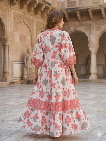 Peach Sage Floral Hand Screen Print Cotton Maxi Dress – Boho Tiered Style