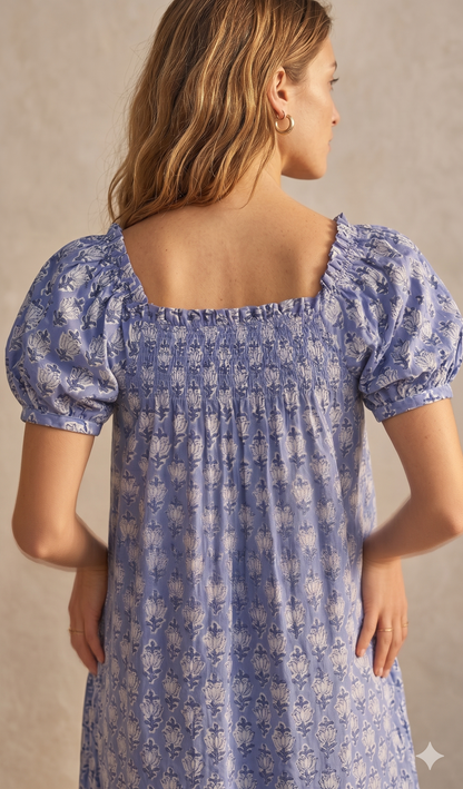 Blue Block Print Cotton Pajama Set | Smocked Puff Sleeve Top, Lounge Shorts
