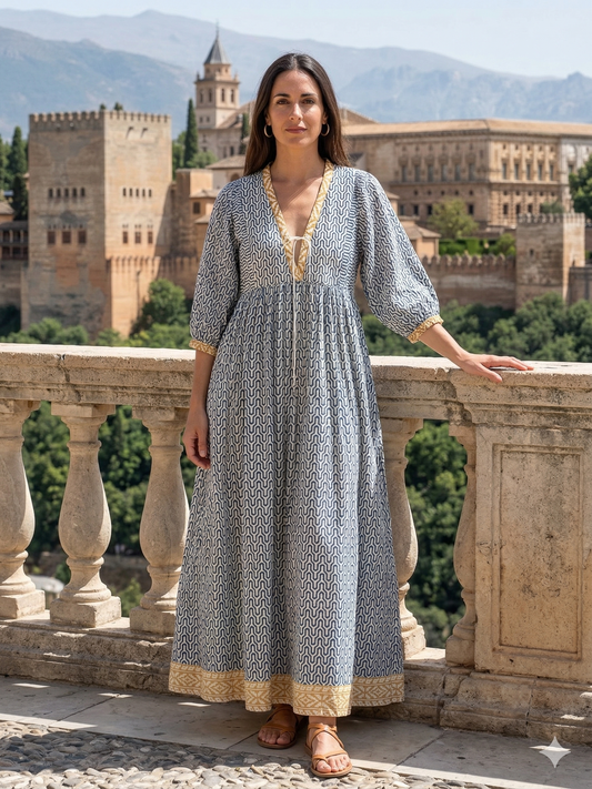 Indigo Blue Geometric Hand Block Print Cotton Maxi Dress – Boho Tiered Indian Style