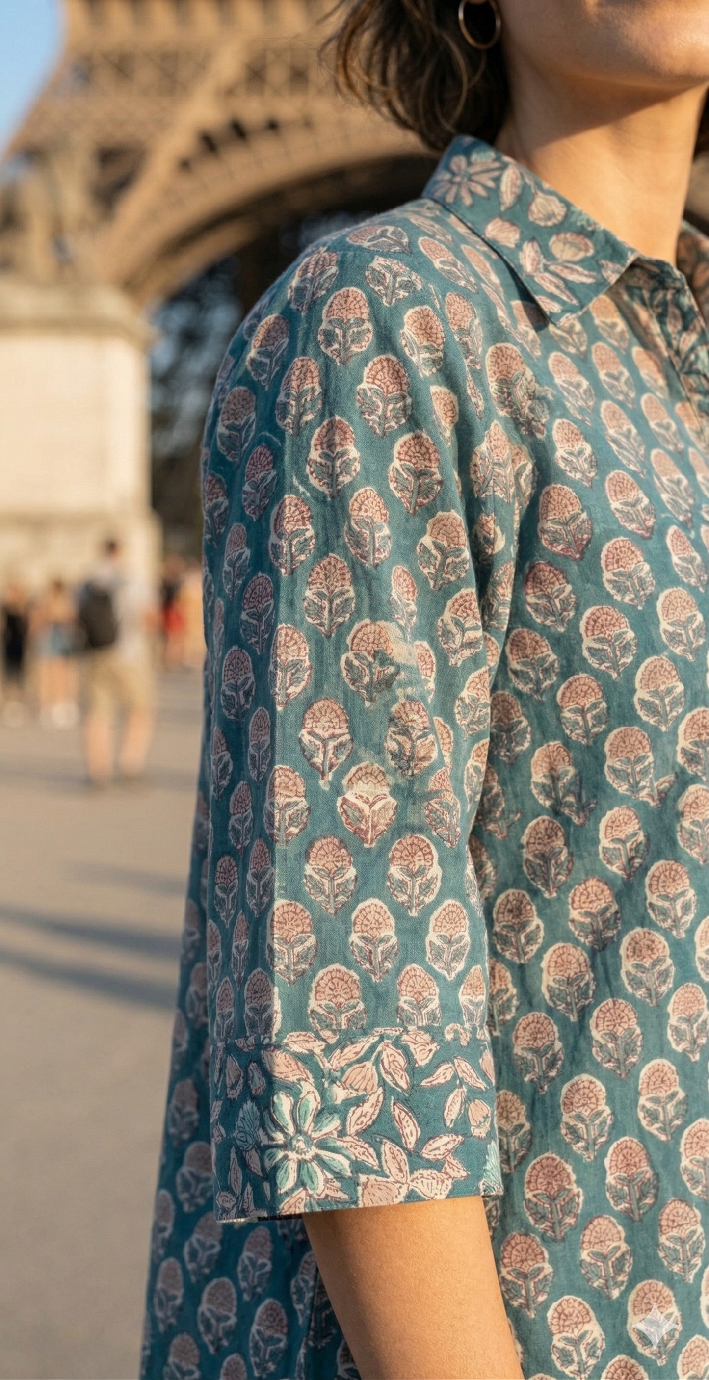 Teal Floral Hand Block Print Cotton Shirt Top – Boho Button Down Tunic with Wide Sleeves