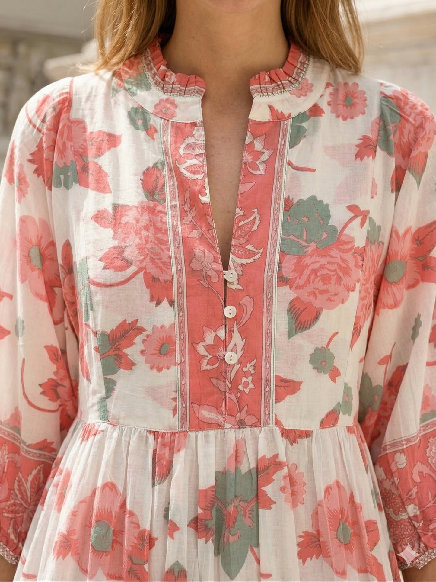 Peach Sage Floral Hand Screen Print Cotton Maxi Dress – Boho Tiered Style