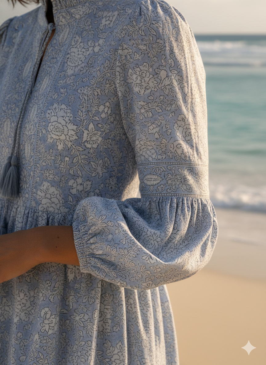 Powder Blue Floral Hand Block Printed Cotton Mini Dress – Boho Long Sleeve Indian Dress