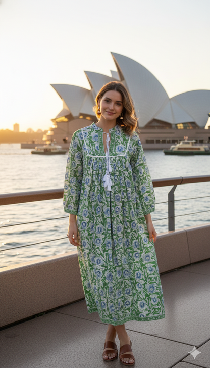 Green Floral Hand Block Printed Cotton Maxi Dress – Boho Tassel Tunic Dress