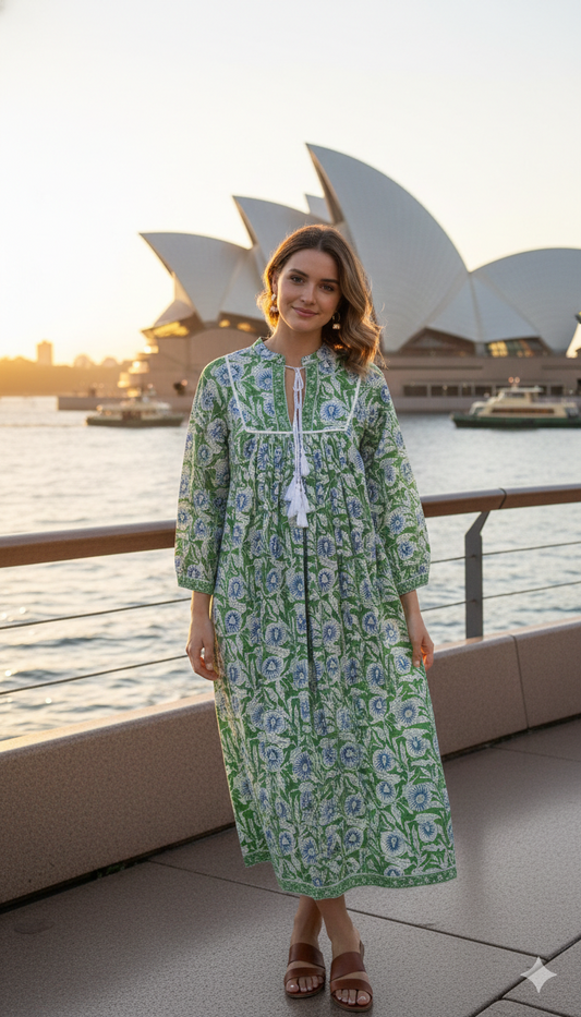 Green Floral Hand Block Printed Cotton Maxi Dress – Boho Tassel Tunic Dress