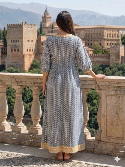Indigo Blue Geometric Hand Block Print Cotton Maxi Dress – Boho Tiered Indian Style