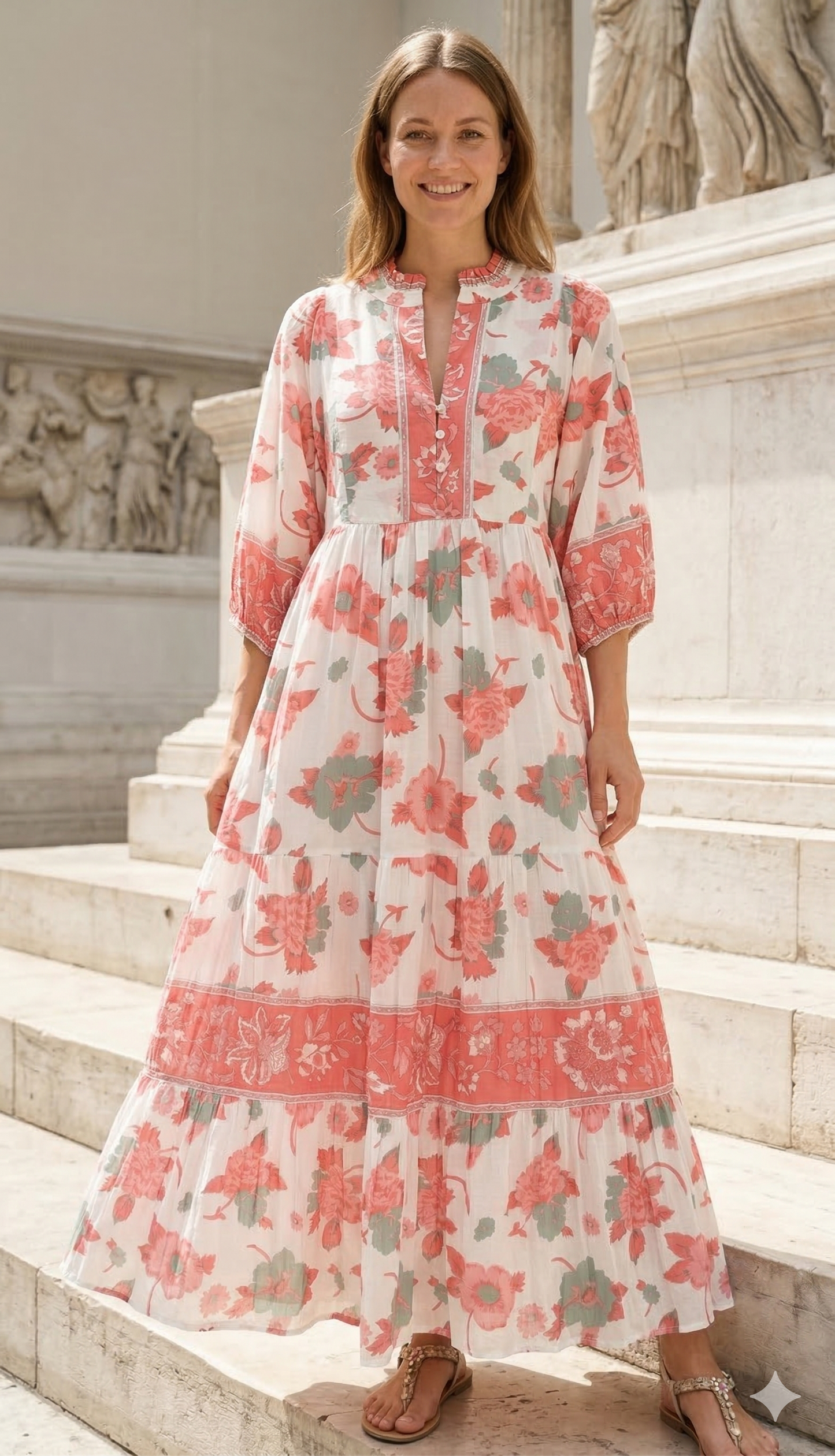 Peach Sage Floral Hand Screen Print Cotton Maxi Dress – Boho Tiered Style