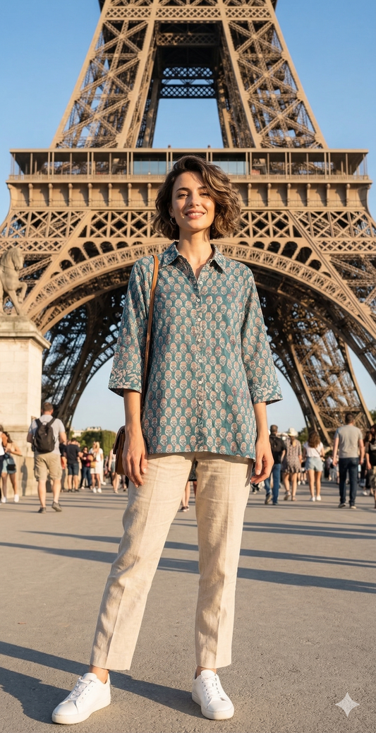 Teal Floral Hand Block Print Cotton Shirt Top – Boho Button Down Tunic with Wide Sleeves