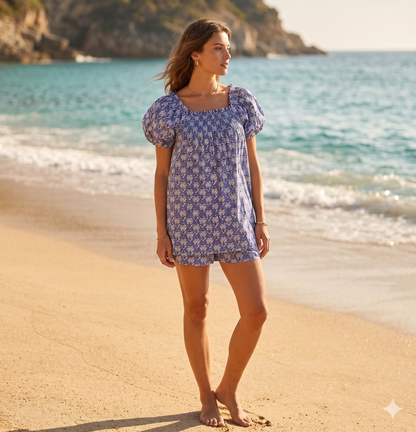 Blue Block Print Cotton Pajama Set | Smocked Puff Sleeve Top, Lounge Shorts