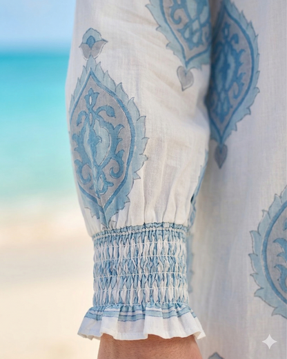 Sky Blue Cotton Mini Dress – Hand Block Print Boho Henley Neck Long Sleeve