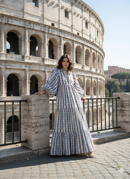 Blue Red Striped Hand Block Printed Cotton Midi Dress – Puff Sleeve Boho Indian Dress