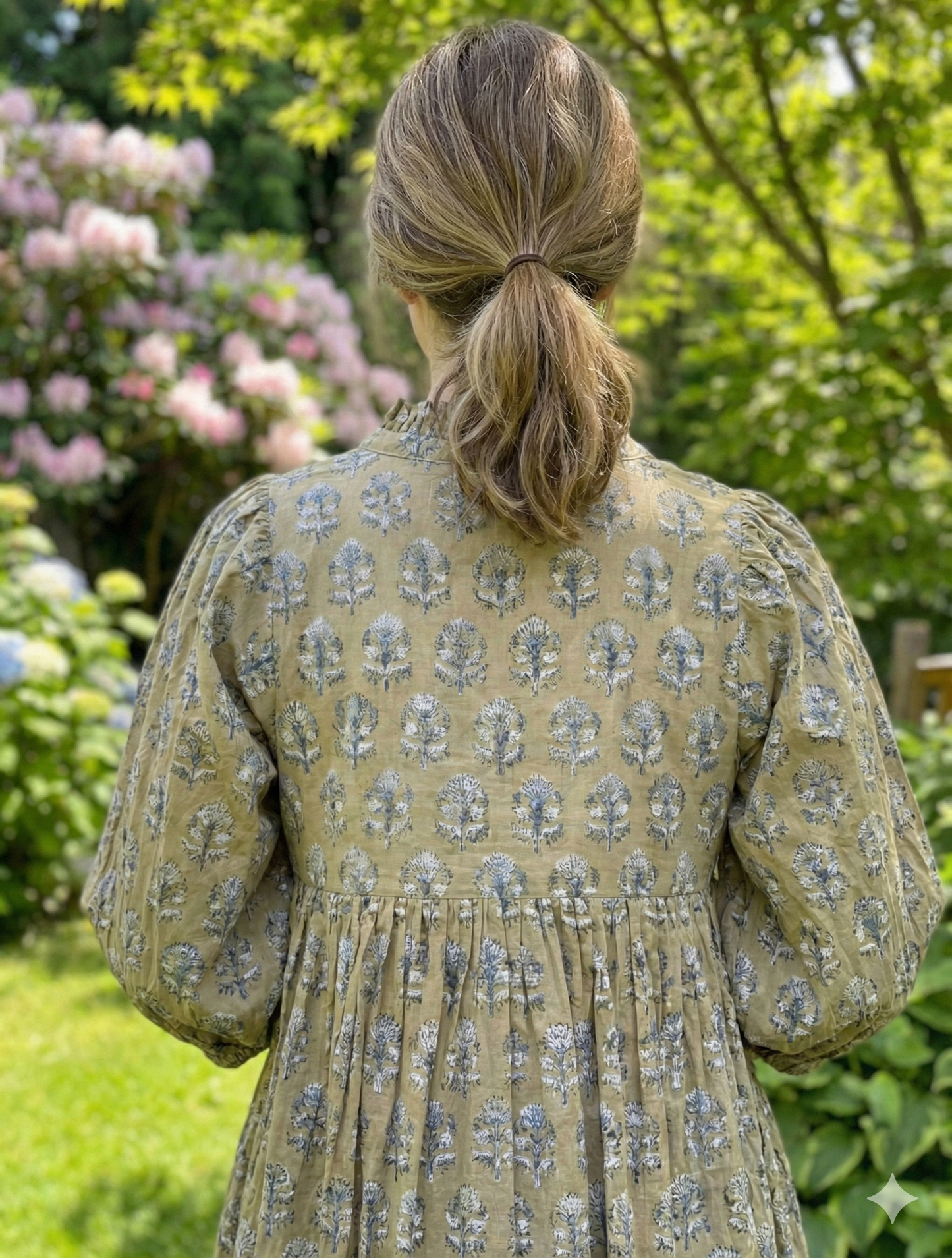 Olive Floral Hand Block Printed Cotton Mini Dress – Puff Sleeve Boho Summer Dress
