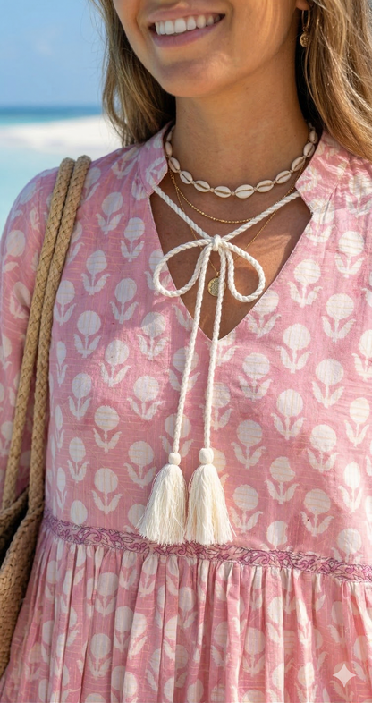 Pink Hand Block Print Cotton Tunic Top – Boho Long Sleeve Blouse