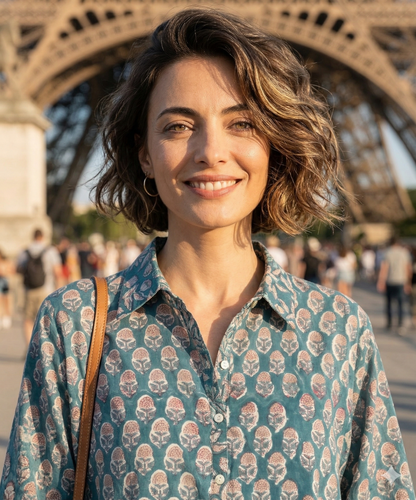 Teal Floral Hand Block Print Cotton Shirt Top – Boho Button Down Tunic with Wide Sleeves