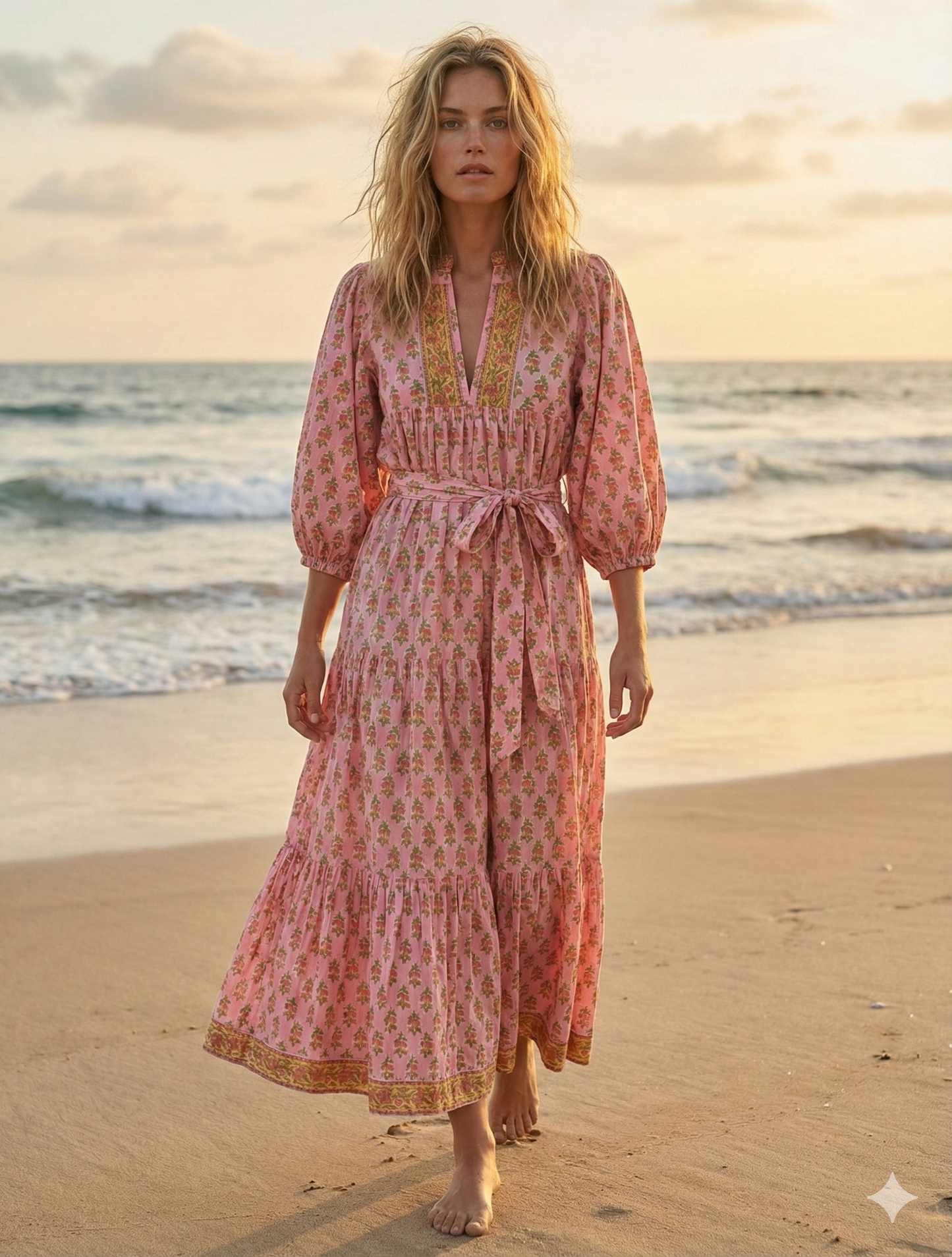 Pink Floral Hand Block Printed Cotton Dress – Puff Sleeve Boho Tiered Midi Dress