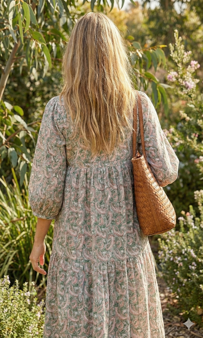 Sage Green Paisley Hand Block Printed Cotton Maxi Dress – Indian Boho Tiered Long Dress