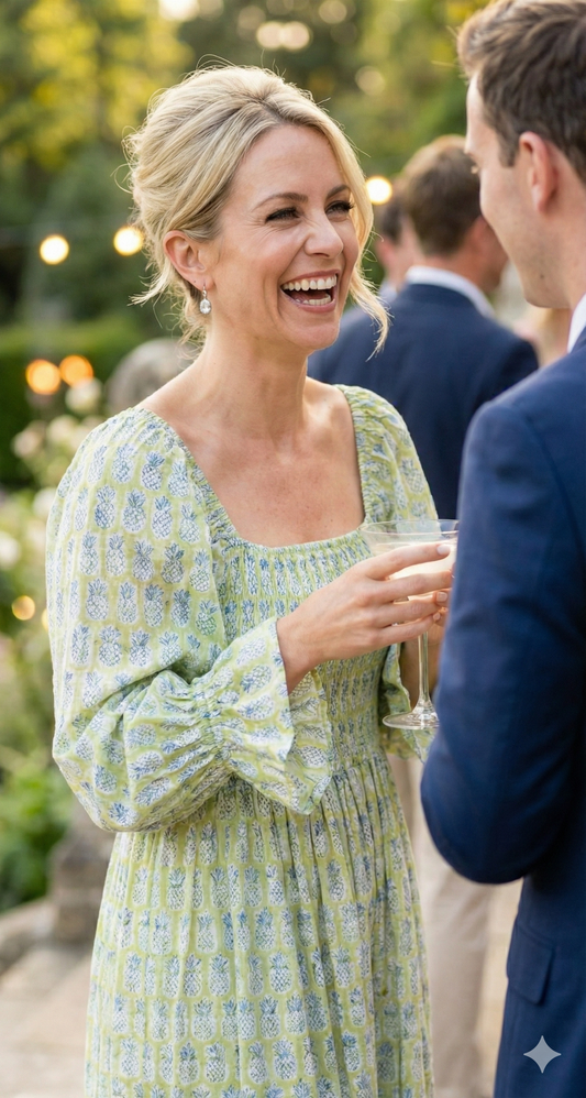 Sage Green Hand Block Printed Cotton Dress – Smocked Bodice Boho Midi Dress with Puff Sleeves