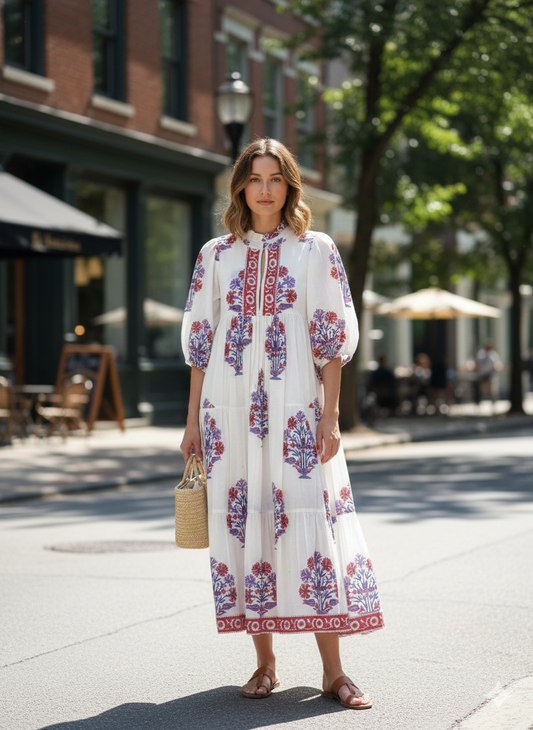 Ivory Red Blue Floral Block Print Cotton Midi Dress – Boho Handmade Tiered Dress with Puff Sleeves & Contrast Yoke