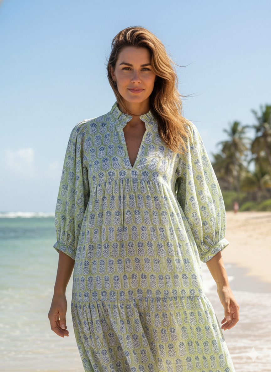 yellow pineapple hand block printed frill collared maxi dress - 3/4th button sleeves
