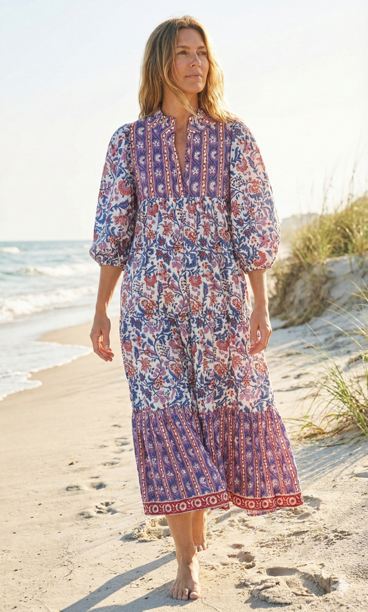 Purple Blue Floral Block Print Cotton Midi Dress – Boho Handmade Tiered Dress with Puff Sleeves & Contrast Border Yoke