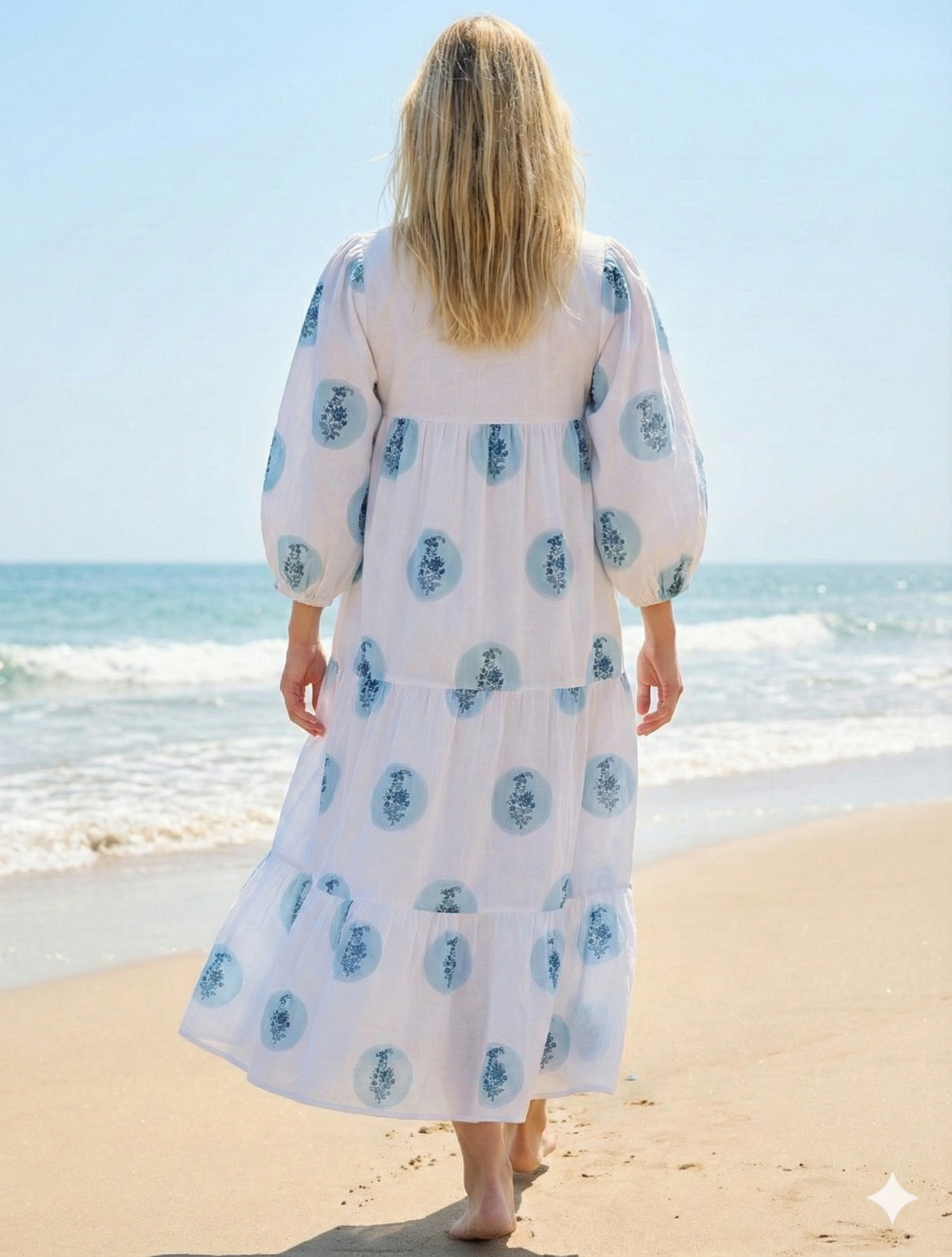 Blue Circle Block Print Cotton Maxi Dress – Relaxed Boho Dress