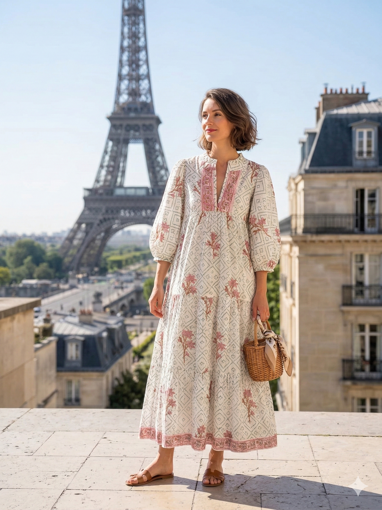Sage Floral Hand Block Printed Cotton Tiered Maxi Dress – Boho Puff Sleeve Dress