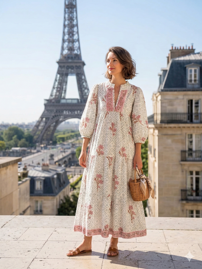 Sage Floral Hand Block Printed Cotton Tiered Maxi Dress – Boho Puff Sleeve Dress