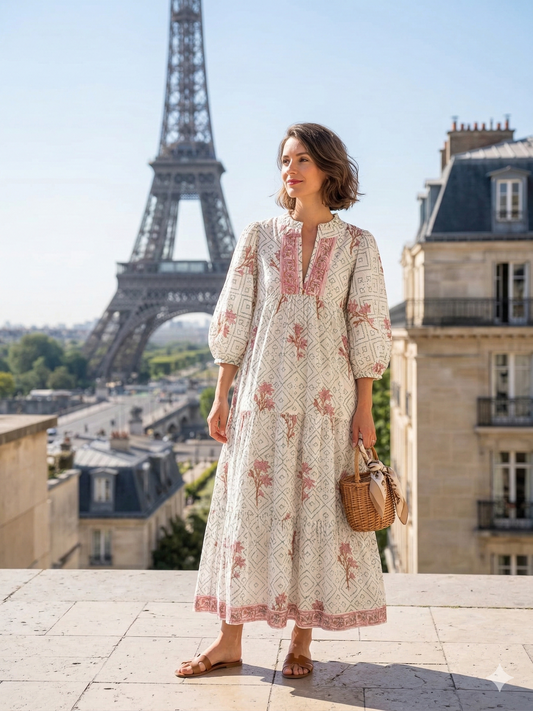 Sage Floral Hand Block Printed Cotton Tiered Maxi Dress – Boho Puff Sleeve Dress