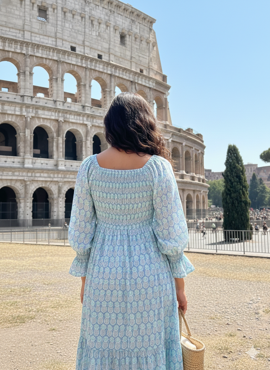 Blue Smocked Cotton Dress – Long Sleeve Floral Block Print Midi Dress