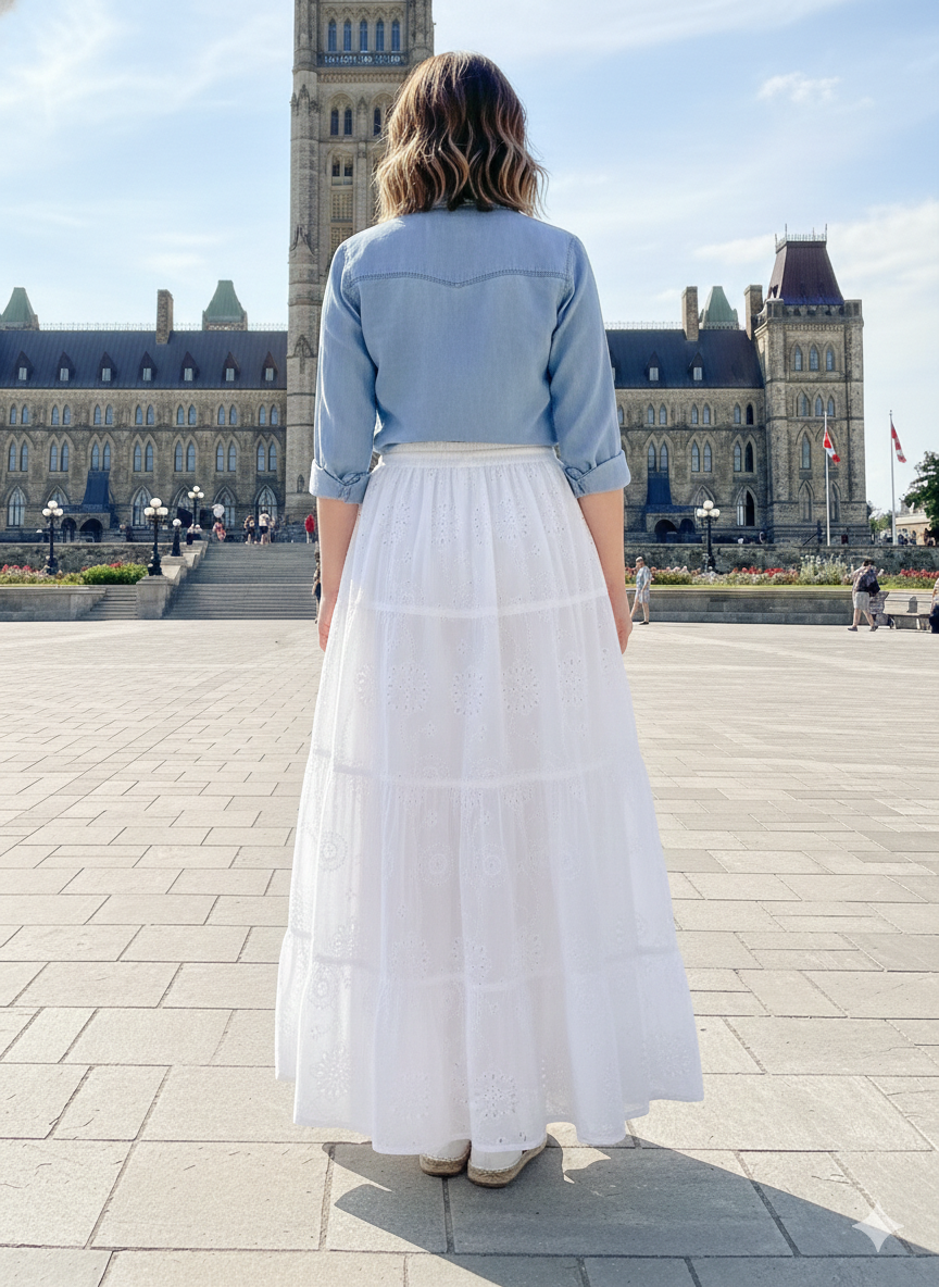 White Eyelet Cotton Maxi Skirt – Tiered Boho Elastic Waist Summer Skirt