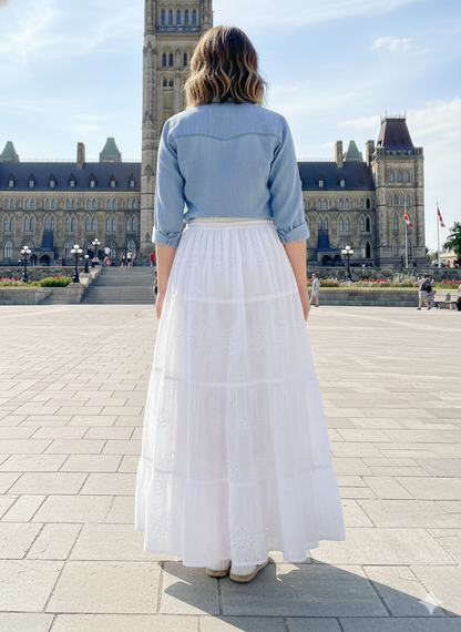 White Eyelet Cotton Maxi Skirt – Tiered Boho Elastic Waist Summer Skirt