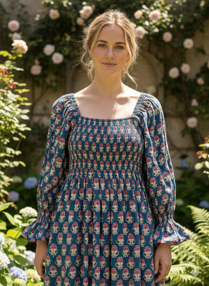 pink blue floral hand block printed womens maxi dress with smoking