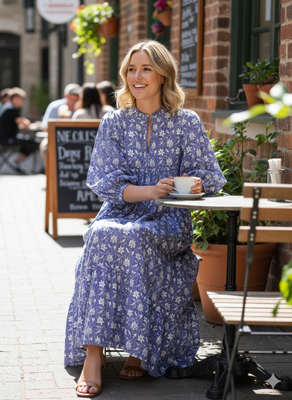 Lavender White Floral Hand Block Printed Cotton Midi Dress – Boho Puff Sleeve Ruffle Neck Tiered Dress – Indian Summer Dress for Women