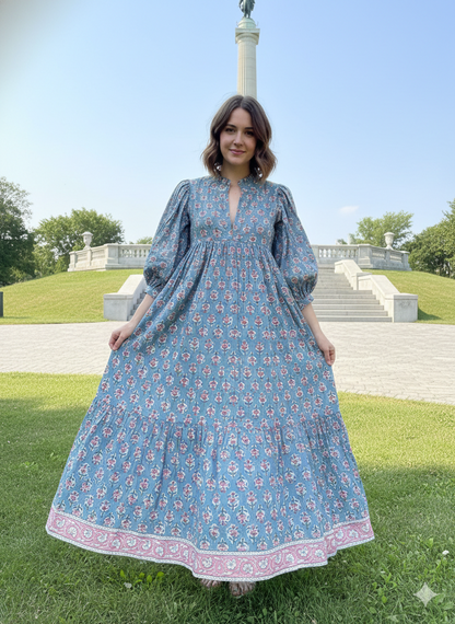 blue-red floral pattern printed women's maxi dress