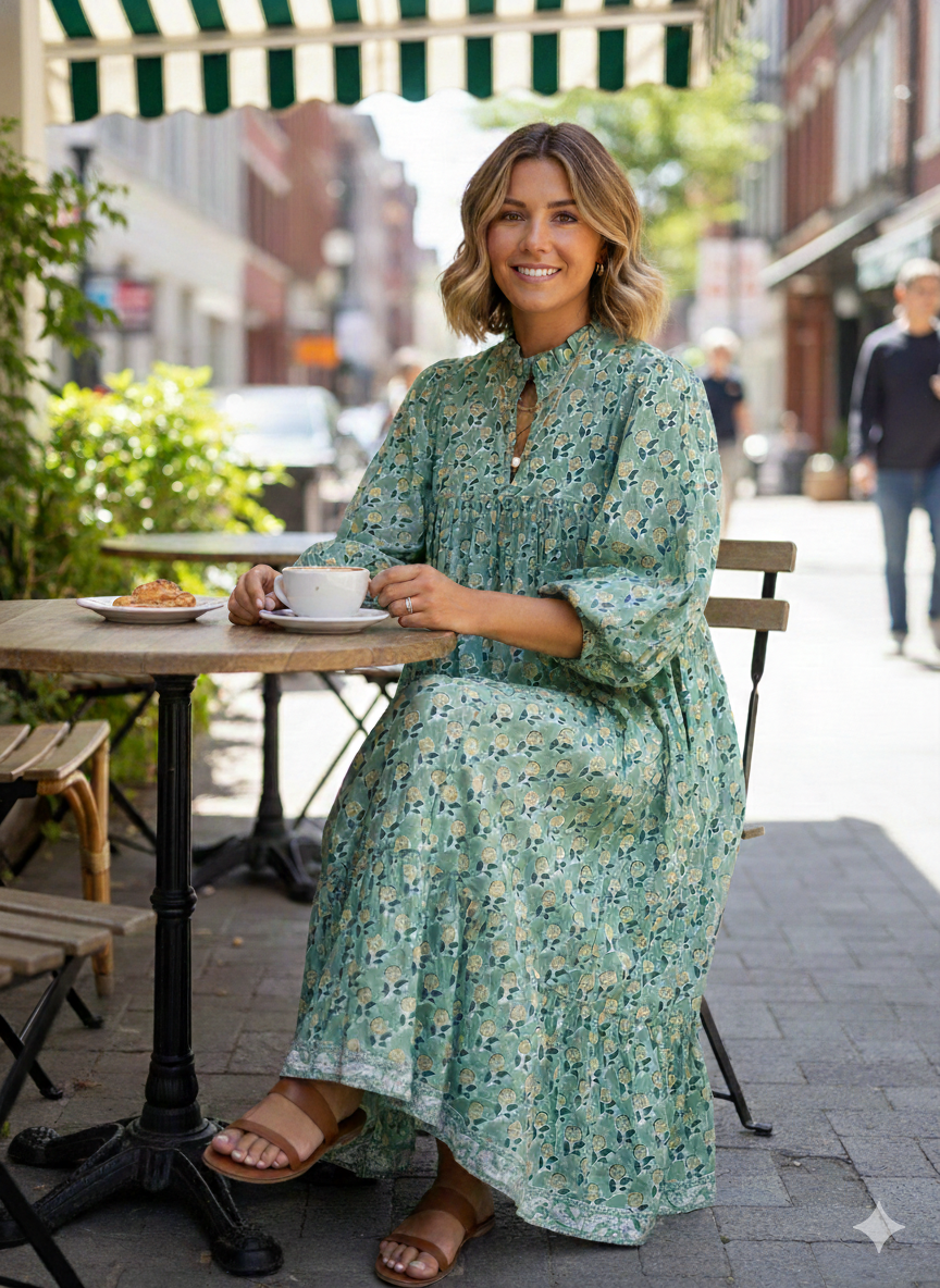 indian green floral pattern printed women's maxi dress - frill collar with belt cotton maxi dress - 3/4th sleeves boho dress