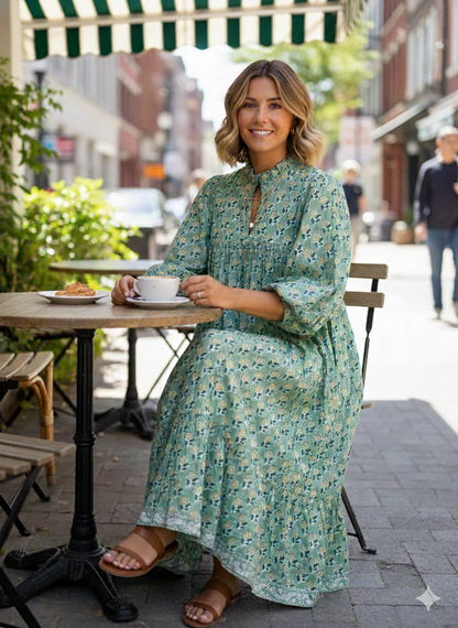 indian green floral pattern printed women's maxi dress - frill collar with belt cotton maxi dress - 3/4th sleeves boho dress