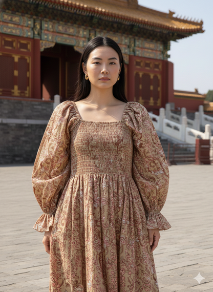 Tan Pink Floral Hand Block Printed Cotton Maxi Dress – Square Neck Bohemian Dress
