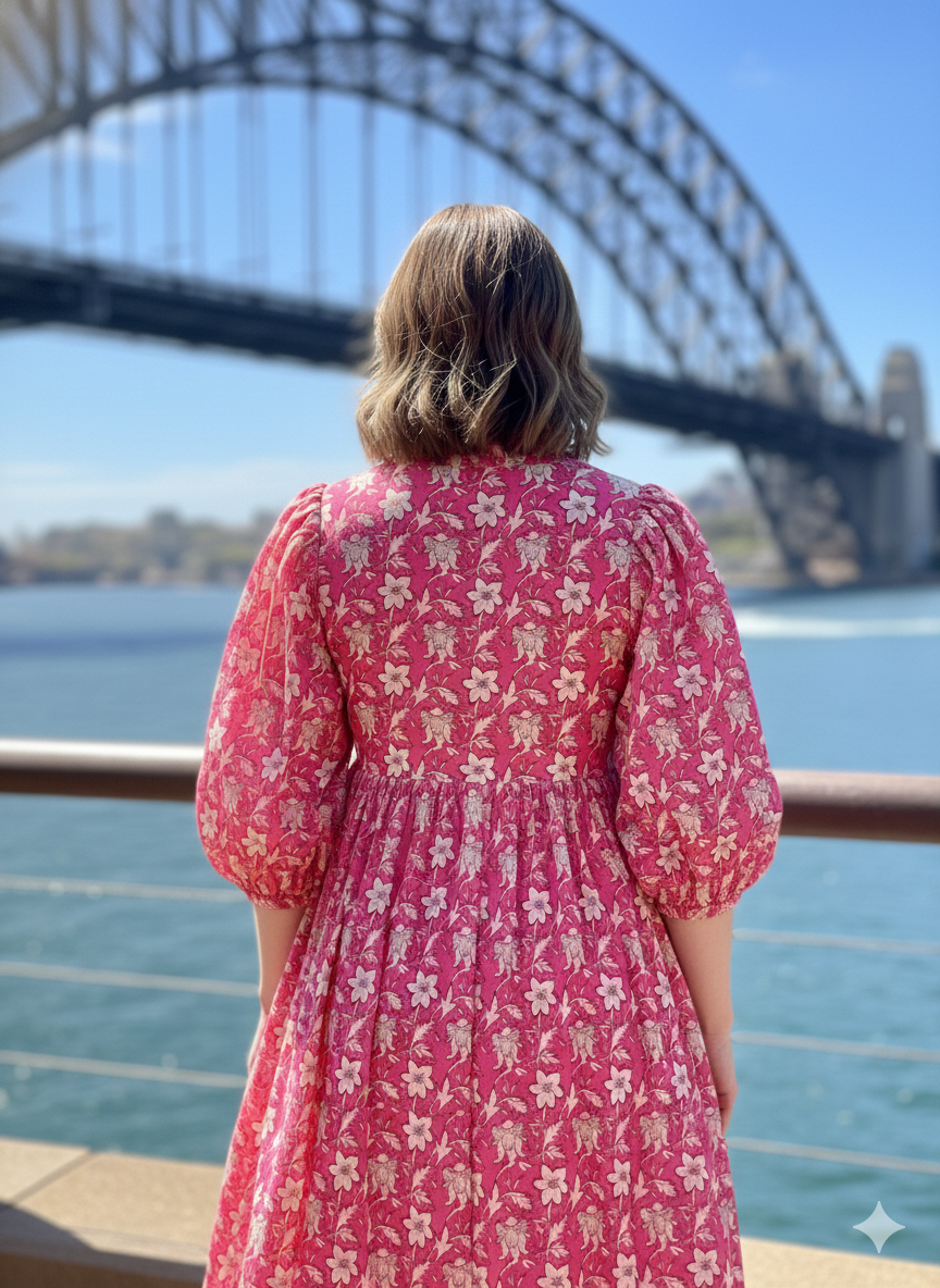 cotton red floral hand block printed women's maxi dress