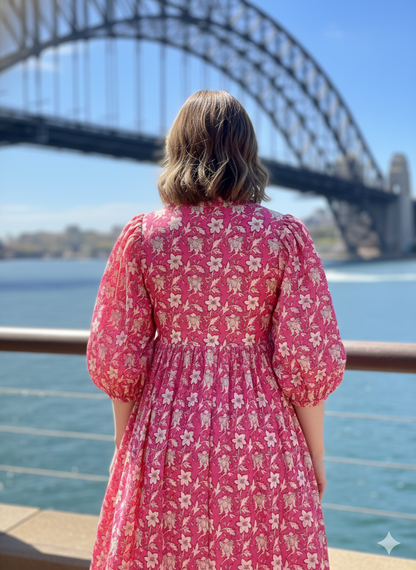 cotton red floral hand block printed women's maxi dress