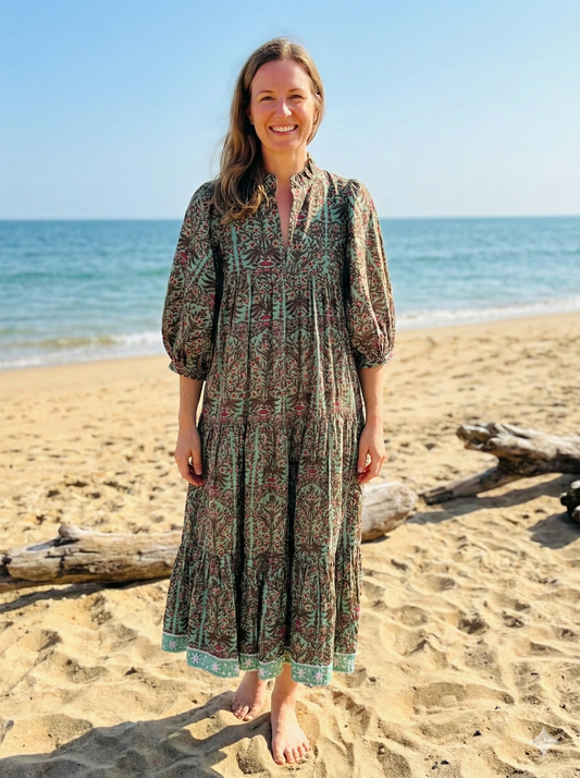 sun green-red floral printed women's maxi dress
