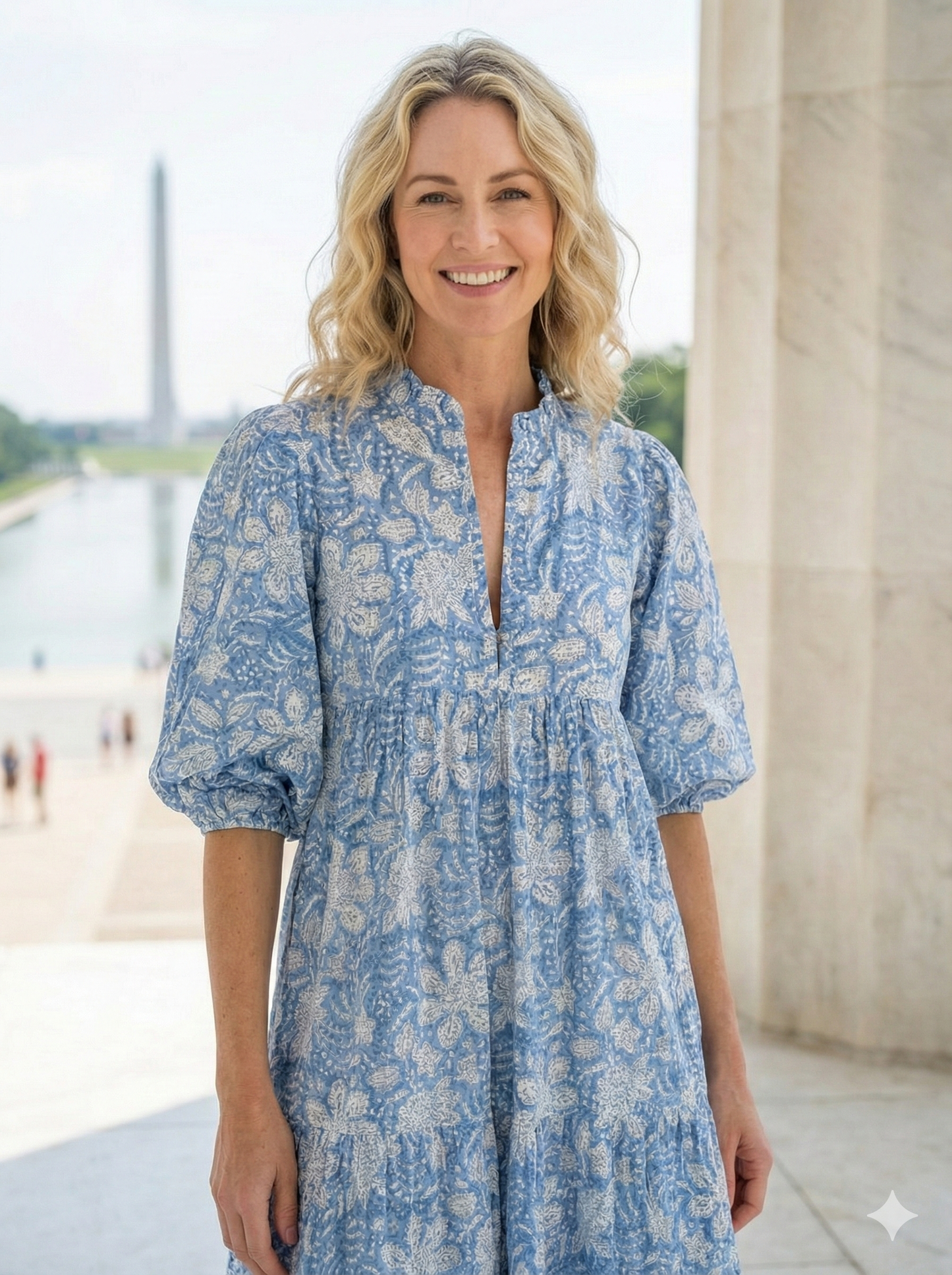 Light Blue Floral Block Print Cotton Midi Dress – Boho Indian Handmade Tiered Dress with Puffy Sleeves