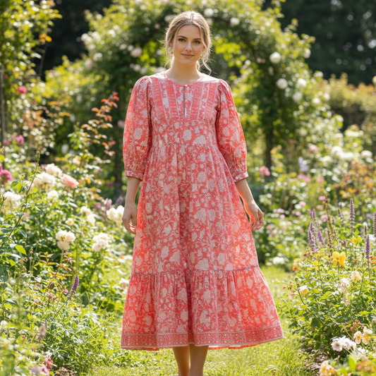 Coral Pink Floral Hand Block Printed Cotton Midi Dress – Puff Sleeve Boho Indian Dress