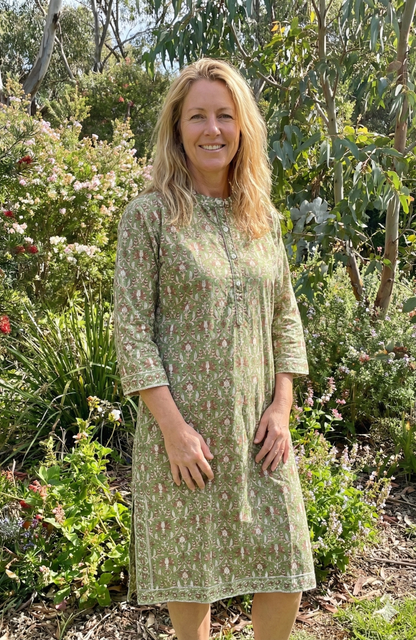Olive Green Floral Hand Block Printed Cotton Kurta – Women’s Indian Tunic
