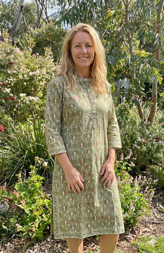 Olive Green Floral Hand Block Printed Cotton Kurta – Women’s Indian Tunic