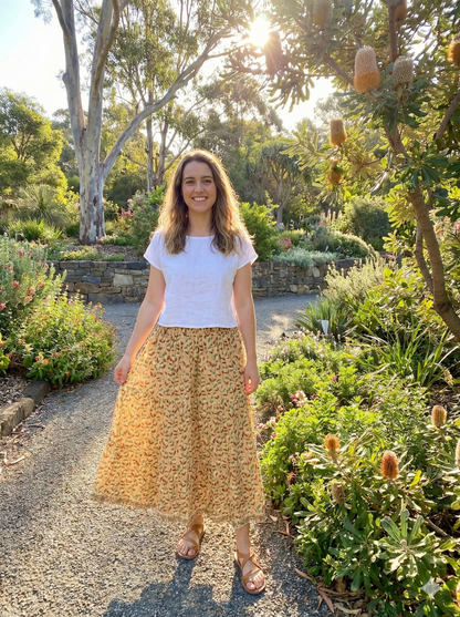 Mustard Leaf Block Print Cotton Smocked Dress – Handcrafted Boho Midi Sundress