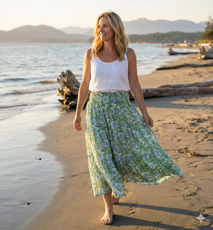 Green Floral Cotton Sundress – Block Printed Maxi Dress by the Yard