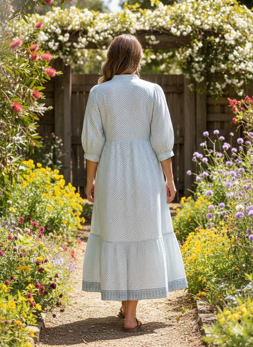 white and blue dotted maxi dress with belt